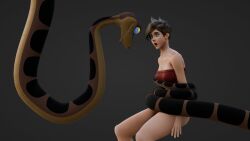 3d brown_hair coils dazed earrings eh femsub hypnotic_eyes kaa kaa_eyes maledom open_mouth overwatch short_hair simple_background sitting snake the_jungle_book tracer
