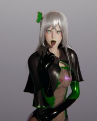  3d alternate_costume cape dogeee emilia_(re:zero) erect_nipples gloves glowing_eyes green_eyes green_lipstick grey_background hair_ornament honey_select_2 leotard long_hair looking_at_viewer navel nipples open_mouth opera_gloves re:zero_starting_life_in_another_world see-through simple_background standing tears tongue tongue_out white_hair 