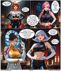 ai_art black_hair devianbar dialogue glasses grey_hair large_breasts malva_(pokemon) mela_(pokemon) oakley pink_hair pokemon red_hair short_hair sierra_(pokemon_go) team_flare team_hypno team_rocket team_star text