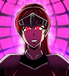 armor aura clothed corruption female_only glowing_eyes long_hair looking_at_viewer majinsfw original ponytail red_eyes red_hair scarlet_(thehguy) smile solo super_hero