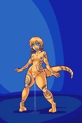 ahegao alien alien_girl body_markings breasts discolored_nipples drool erika_(er-ikaa) female_only femsub happy_trance kaa_eyes lizard_girl medrifogmatio multicolored_hair non-human_feet original pussy pussy_juice short_hair solo standing tail tongue tongue_out topless yellow_skin