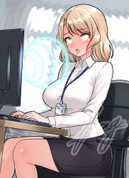  absurdres blonde_hair blush chair clothed computer eye_roll eyebrows_visible_through_hair female_only femsub furaggu_(frag_0416) girlinworld(manipper) houston_(kantai_collection) hypnotic_screen id_card kantai_collection large_breasts manip office office_lady open_mouth signature sitting skirt solo spiral tears tech_control tongue_out watermark yellow_eyes 