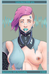  blue_lipstick breasts cyberpunk_(series) cyberpunk_2077 drool empty_eyes femsub hacking kobold-komitee lipstick mind_hack piercing pink_hair tech_control text 