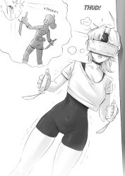 absurdres altered_perception bare_legs character_request choker copyright_request english_text femsub gmun hypnotic_accessory hypnotic_screen knife navel petrification sweat text thought_bubble video_game virtual_reality visor weapon