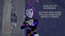 angry breasts bunny_ears covering dc_comics dialogue dogdog english_text femsub goth grey_skin nipples purple_eyes purple_hair raven text time_stop torn_clothes