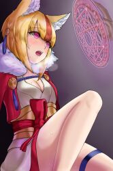 bare_legs blonde_hair breasts breath cat_neko_cat1 cleavage empty_eyes femsub fire_emblem fire_emblem_fates flower flower_in_hair fox_ears fox_girl fox_tail happy_trance hypnotic_plant japanese_clothing legs magic magic_circle multicolored_hair nintendo open_mouth pheromones pink_eyes selkie_(fire_emblem_fates) short_hair sweat tail thighs tongue