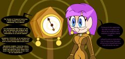 blue_eyes bodysuit brown_background chrono_trigger clock collar dronification earrings eyebrows_visible_through_hair female_only femsub glasses happy_trance hourglass_figure hypnoscream jewelry large_breasts lucca purple_hair ring_background robotic_trance short_hair simple_background smile solo symbol_in_eyes text tick-tock_saying tight_clothing time_travel wide_hips