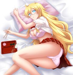 2_milli ayame_shaga ben-to blonde_hair blush bra breasts cleavage female_only glasses icontrol_(manipper) large_breasts long_hair manip panties pillow school_uniform solo spiral_eyes symbol_in_eyes underwear
