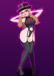  armpits aura bare_shoulders blonde_hair blush bow corruption empty_eyes enemy_conversion erect_nipples erect_nipples_under_clothes evil_smile female_only femsub garter_straps glowing_eyes gradient_background happy_trance hat high_heels large_breasts lipstick long_hair looking_at_viewer nail_polish navel nintendo pink_background pink_eyes pokemon pokemon_x_and_y serena shoes simple_background solo team_rocket thick_thighs thigh_boots thighhighs thong yamimochi 
