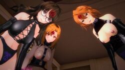  3d ahoge bangs bare_shoulders bodysuit bondage brown_eyes brown_hair clothed_exposure control_indicator corset crotch_tattoo custom_maid_3d_2 female_only femdom femsub glasses gloves harness hypnotized_assistant latex li_q lipstick long_hair looking_at_viewer makeup multiple_girls multiple_subs navel nipple_piercing nipples opera_gloves orange_hair original pov pov_sub red_lipstick rubber see-through short_hair thong topless 