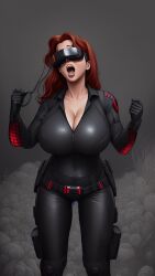  ai_art belt black_widow bodysuit cables cleavage collarbone female_only femsub gloves grey_background huge_breasts long_hair marvel_comics open_mouth red_hair resisting simple_background solo standing the_avengers visor vonpat_(generator) wires zipper 