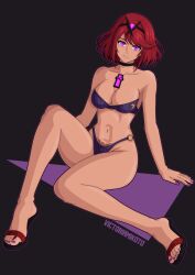  aura bare_legs bare_shoulders bikini bikini_bottom bikini_top black_background choker cleavage collarbone corruption crotch_tattoo feet female_only femsub happy_trance headdress jewelry large_breasts legs looking_at_viewer nail_polish navel nintendo purple_eyes pyra_(xenoblade) red_hair sandals shadaloo_dolls short_hair simple_background sitting smile solo street_fighter tattoo toenail_polish victoriamikoto wide_hips xenoblade_chronicles xenoblade_chronicles_2 