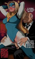  arms_above_head bald blonde_blazer blonde_hair blush censored clothed deltathelion dialogue dispatch_(game) elderly english_text femsub long_hair maledom pink_eyes pubic_hair sex tech_control text torn_clothes vaginal white_hair 