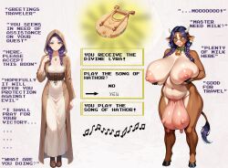 ai_art animal_transformation before_and_after blush boots breast_expansion breasts corset cow_girl cowbell fungip_(generator) furry green_eyes hood hooves horns huge_breasts necklace purple_hair robe smile stable_diffusion_(ai) tail text transformation twin_braids udders