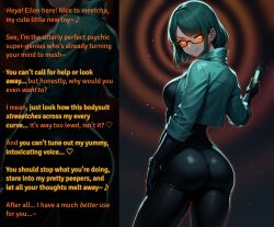  ai_art ambiguous_pov ass ass_focus aura bangs bodysuit bragging breasts caption curvy dialogue ellen_(jaaysiin) english_text eyebrows_visible_through_hair femdom glasses gloves glowing_eyes green_hair hourglass_figure jaaysiin_(manipper) jacket large_ass large_hips legs looking_at_viewer looking_back novelai_(ai) orange_eyes original pov pov_sub psychic short_hair simple_background smile smug spiral standing story text thighs tight_clothing 