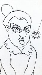 absurdres disney female_only femsub glasses greyscale guilty_party itemshoplifter judith_prudence open_mouth pendulum spiral_eyes symbol_in_eyes