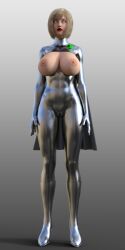  3d blonde_hair breasts breasts_outside cape dc_comics female_only fembot femsub graybot high_heels huge_breasts large_breasts open_clothes power_girl robot robotization solo standing standing_at_attention super_hero superman_(series) theheckle whitewash_eyes 