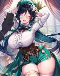  ai_art arms_above_head arms_behind_back blush cell_phone female_only femsub genderswap genshin_impact glowing_eyes happy_trance huge_breasts huge_hips jewelry long_hair looking_at_viewer manip misterman4_(manipper) multicolored_hair open_mouth spiral_eyes stable_diffusion_(ai) tagme tech_control venti_(genshin_impact) wink 