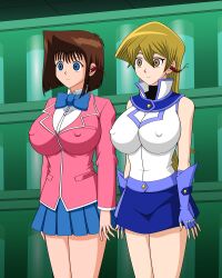 absurdres alexis_rhodes blonde_hair blue_eyes brain_injection breasts brown_hair empty_eyes erect_nipples expressionless female_only femsub gloves jimryu large_breasts long_hair miniskirt multiple_girls parasite parasite_fusioner short_hair skirt standing standing_at_attention tea_gardner yu-gi-oh! yu-gi-oh!_gx