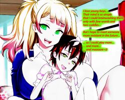 androgynous blonde_hair breasts brown_hair crossdressing dazed edensnake_(manipper) empty_eyes femdom feminization glowing glowing_eyes green_eyes happy_trance heart heart_eyes large_breasts malesub mind_break multicolored_hair open_mouth short_hair shota size_difference symbol_in_eyes text tongue tongue_out