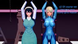  3d absurdres arms_above_head black_hair blonde_hair blue_eyes bodysuit brown_eyes cleavage clothed dialogue dress empty_eyes erect_nipples_under_clothes female_only femsub hair_band happy_trance koikatsu! large_breasts maledom metroid_(series) mole multiple_girls multiple_subs nintendo open_mouth ponytail restrained samus_aran shadow1333 shirt smile spy_x_family text yor_briar zero_suit 
