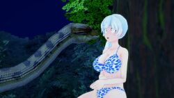  3d bikini blue_eyes breasts confused disney kaa kaa_eyes large_breasts leopard_print lipstick long_hair makeup mmd mrkoiru open_mouth outdoors pale_skin ponytail rwby sitting snake the_jungle_book trees weiss_schnee white_hair 