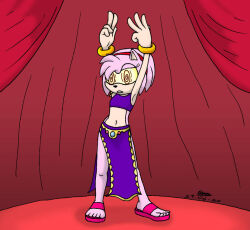  amy_rose armpits arms_above_head bare_legs bracelet dancer dancing expressionless female_only femsub hair_band harem_outfit hedgehog_girl jewelry navel pink_hair pink_skin red_eyes sandals short_hair signature solo sonic_the_hedgehog_(series) spiral_eyes stage tmntsam 