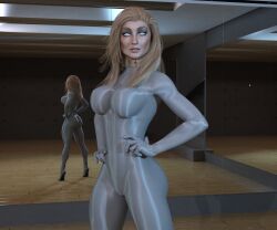  3d ass aszmo blonde_hair bodysuit breasts collar expressionless female_only femsub graybot hand_on_hip large_breasts long_hair mirror multiple_girls original rubber solo standing tech_control tight_clothing whitewash_eyes 