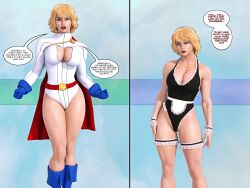  3d absurdres bare_legs before_and_after blonde_hair blue_eyes boots breasts cleavage cleavage_cutout dc_comics enemy_conversion femsub knee-high_boots large_breasts legs leotard maid muscle_girl op-tron power_girl short_hair super_hero superman_(series) western 