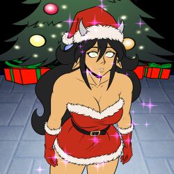  animal_ears belt black_hair christmas clothed dazed dress empty_eyes female_only femsub green_eyes horns katsiika open_mouth opera_gloves original standing very_long_hair 