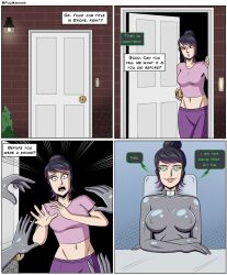 before_and_after black_hair breasts chair collar comic erect_nipples female_only fembot femsub glowing glowing_eyes graybot green_eyes jade_(aetheria_jade) large_breasts multicolored_hair original polmanning pov short_hair smirk smug tech_control text