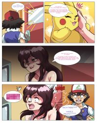  angry ash_ketchum bare_shoulders brown_hair cap closed_eyes comic dialogue english_text fingerless_gloves genderswap giselle_(pokemon) gloves hand_on_another's_cheek happy_trance long_hair memory_alteration open_mouth pikachu pokemon pokemon_(anime) pokemon_(creature) pokemon_red_green_blue_and_yellow scared schlumper smile speech_bubble surprised text transformation transgender 