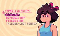 animated_gif brown_hair brushie_art femsub gameplay_mechanics hair_ribbon looking_at_viewer original penny_(brushie_art) pink_eyes pixel_art short_hair smile spiral_background tank_top text