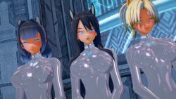  3d abs black_hair blue_eyes bodysuit breasts cybus_industries doctor_who_(series) dog_ears drone female_only femsub koikatsu! large_breasts latex milena multiple_girls multiple_subs nipples original tech_control visor wolf_girl 