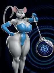 3d animal_ears animated animated_gif blue_eyes female_only femdom furry gloves hourglass_figure huge_breasts large_breasts leotard mesmer_mouse_(hypnopotamus) mouse_girl original pendulum pocket_watch pov_sub smile spiral_background tail thehypnopotamus thick_thighs