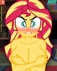  angry animated animated_gif before_and_after bottomless bouncing_breasts breasts censored cleavage collarbone covering embarrassed empty_eyes equestria_girls female_only femsub green_eyes large_breasts long_hair multicolored_hair my_little_pony nude open_mouth orange_skin pendulum signature sunset_shimmer tongue tongue_out topless uzzi-ponydubberx 
