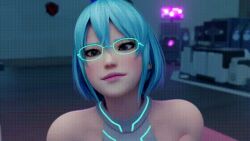  3d animated animated_gif blue_hair dead_or_alive female_only femdom femsub fractionation glasses glowing glowing_eyes happy_trance kaa_eyes nico_(dead_or_alive) open_mouth resisting short_hair symbol_in_eyes tech_control tongue trance_break vynil 