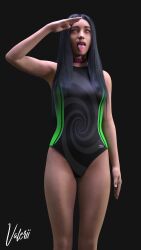  3d absurdres armpits black_hair collar female_only femsub happy_trance hypnotic_accessory hypnotic_clothing one-piece_swimsuit original saluting spiral swimsuit tech_control tongue tongue_out valerii 