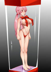  artist_request bare_legs barefoot bikini_bottom blush bow clothed_exposure color display dollification exposed_chest expressionless female_only femsub gradient_background hadant hourglass_figure huge_breasts navel nipples pink_hair red_eyes simple_background smile solo standing_at_attention tagme the_future_diary twintails very_long_hair yuno_gasai 