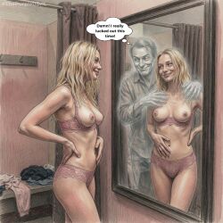      ai_art black_eyes blonde_hair bra breasts dialogue english_text femsub ghost long_hair maledom nipples nude original panties possession smile text thehypno7ist_(generator) underwear 