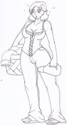 breasts dazed expressionless femsub greyscale large_breasts monochrome short_hair spiral_eyes standing standing_at_attention symbol_in_eyes traditional