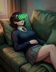 ai_art brown_hair clothed couch female_only femsub helmet hypnotic_accessory hypnotic_screen lying maddie_kim pantheon_(series) pillow school_uniform short_hair skirt solo spiral suit sweater tech_control tie zupern0va_(manipper)