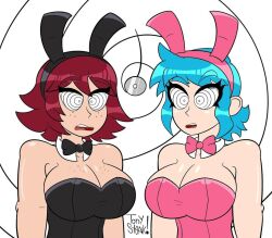  blue_hair bow_tie bunnysuit female_only femsub freckles kim_pine large_breasts multiple_girls multiple_subs pendulum ramona_flowers red_hair scott_pilgrim_(series) spiral_eyes spiralwash_eyes symbol_in_eyes tonyst0nk 