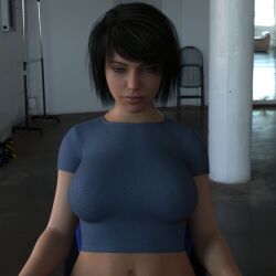 3d alli_(allidee) allidee black_hair blue_eyes breasts expressionless female_only hypnotic_screen large_breasts looking_at_viewer original pov pov_dom shirt short_hair solo tech_control