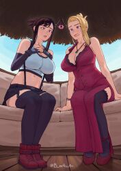  black_hair blonde_hair bracelet breasts cleavage couch expressionless female_only femsub final_fantasy final_fantasy_vii glowing glowing_eyes huge_breasts large_breasts long_hair m4ns0n multiple_girls multiple_subs open_mouth pendulum ponytail purple_eyes red_eyes resisting scarlet_(ff7) signature sitting sweat tifa_lockhart 