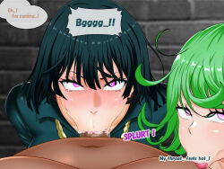 aware black_hair blush body_control clothed cum cum_in_mouth dialogue english_text fellatio femsub fubuki_(one_punch_man) green_hair hard_translated hypnotized_assistant konnandakke licking maledom multiple_girls multiple_subs nude one_punch_man oral orgasm pink_eyes pubic_hair short_hair sisters stray_pubes tatsumaki_(one_punch_man) text translated