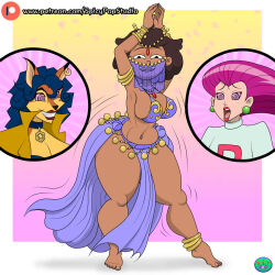 amphibia barefoot carmelita_fox dancing dark_skin disney feet furry harem_outfit jessie milf navel nintendo oum_boonchuy pokemon sly_cooper_(series) spicypop_studio spiral_eyes symbol_in_eyes veil yuri