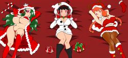 absurdres accord_(accord) arms_above_head blush boots breasts christmas cleavage female_only femsub gloves glowing glowing_eyes green_hair happy_trance hat huge_breasts knee-high_boots large_breasts long_hair looking_at_viewer luci_(orphan2) lying multicolored_hair multiple_girls multiple_subs navel orange_hair original orphan2 pantyhose pendulum pink_eyes santa_hat short_hair smile viltai_(viltai)