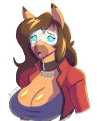 animal_ears blue_eyes breasts brown_hair cleavage clothed collar confused crop_top femsub furry glowing_eyes horse_girl huge_breasts jacket large_breasts long_hair open_mouth original ring_eyes signature simple_background solo swirlytanuki tech_control tongue visor white_background