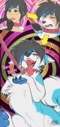  black_hair blue_hair blush collar dazed dog_boy dog_pose furry happy_trance kaa_eyes leash male_only malesub multicolored_hair open_mouth pet_play smile spiral tail tail_growth text tongue tongue_out transformation yuniwusky 